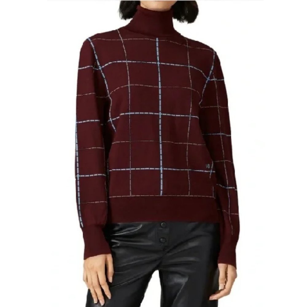 Victoria Beckham Windowpane Check Intarsia Turtleneck Sweater in Burgundy Small